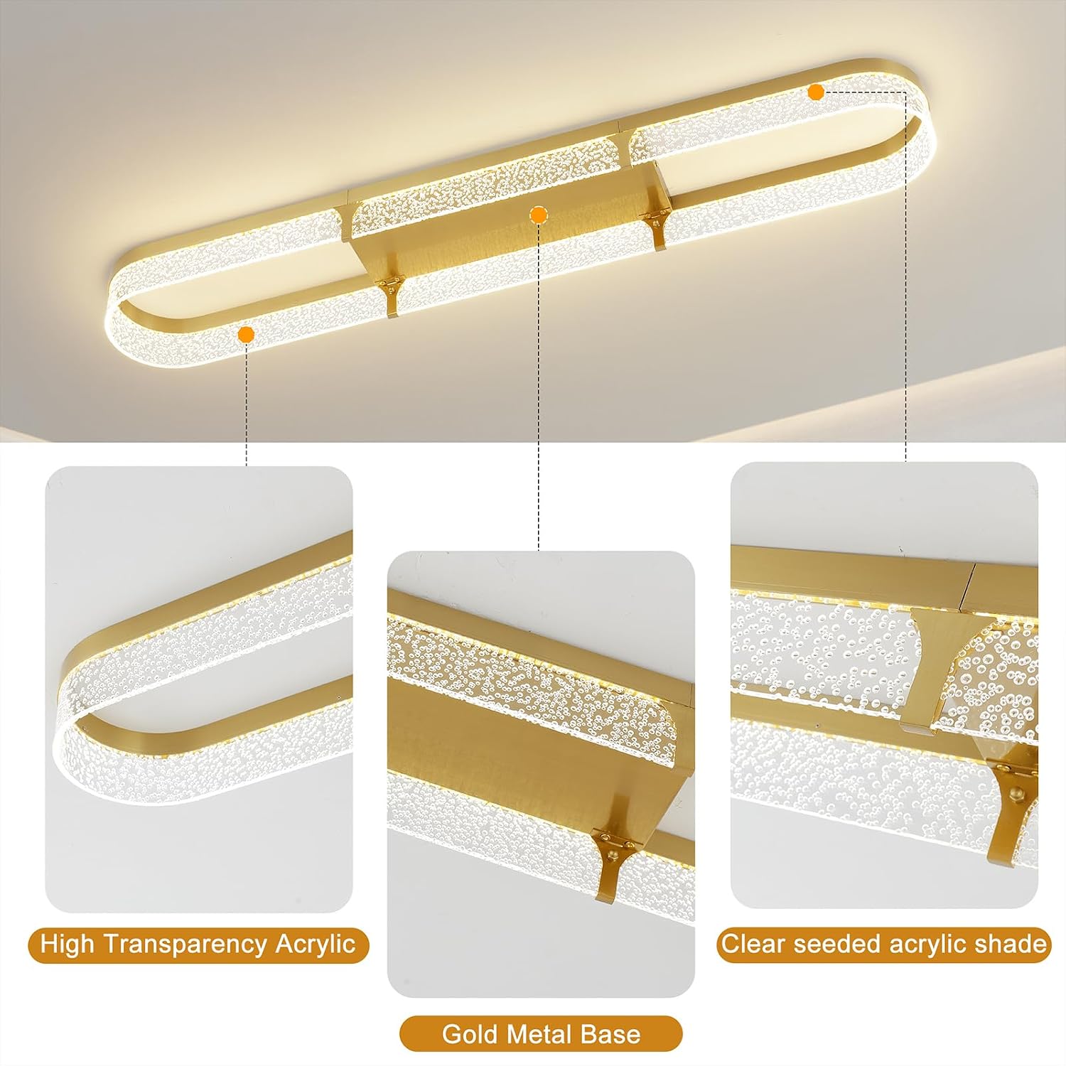 Jaycomey 43 inch Modern LED Ceiling Light Fixture, 54W Dimmable Gold Flush Mount Ceiling Light with Acrylic Bubble, Adjustable 3000K-6500K Kitchen Light Fixtures for Dining Room Bedroom