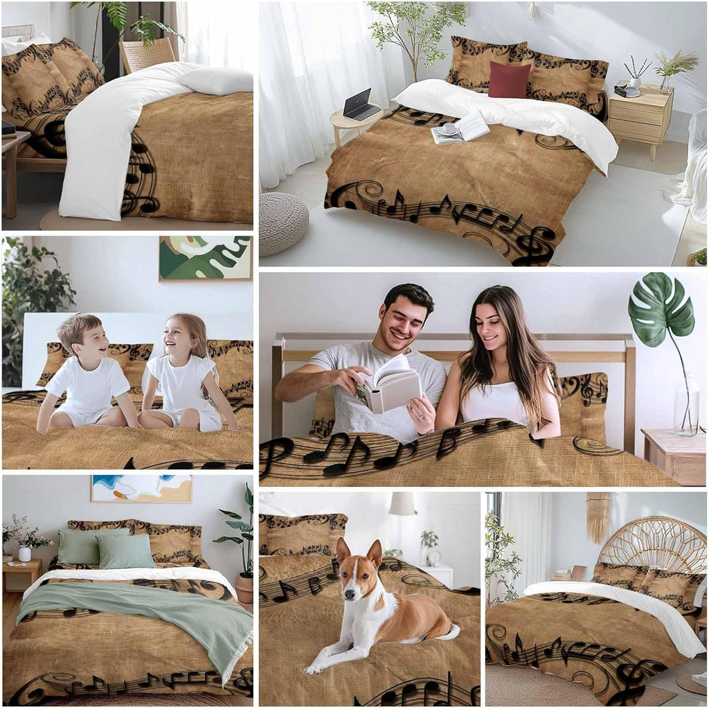 Musical Symbols Duvet Cover Set Queen Size 4 Pieces Musical Staff Retro Brown Background Modern Bedding Set with Zipper Closure, 1 Comforter Cover 90x92 Inches 1 Flat Sheet & 2 Pillow Cases