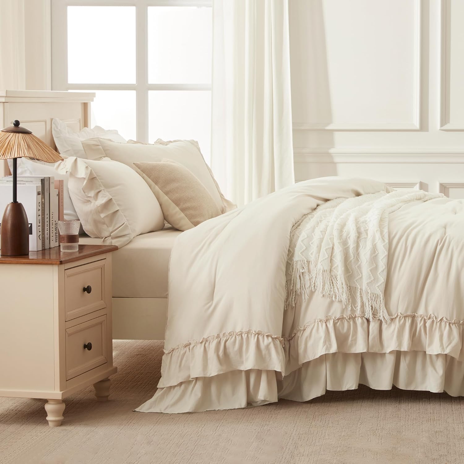 Andency Super King Plus Ruffle Comforter Set, 3 Pieces Soft Farmhouse Shabby Chic Bedding Set, Lightweight Oversized California King Comforter Set 128x120 (1 Comforter 2 Pillowcases), Beige