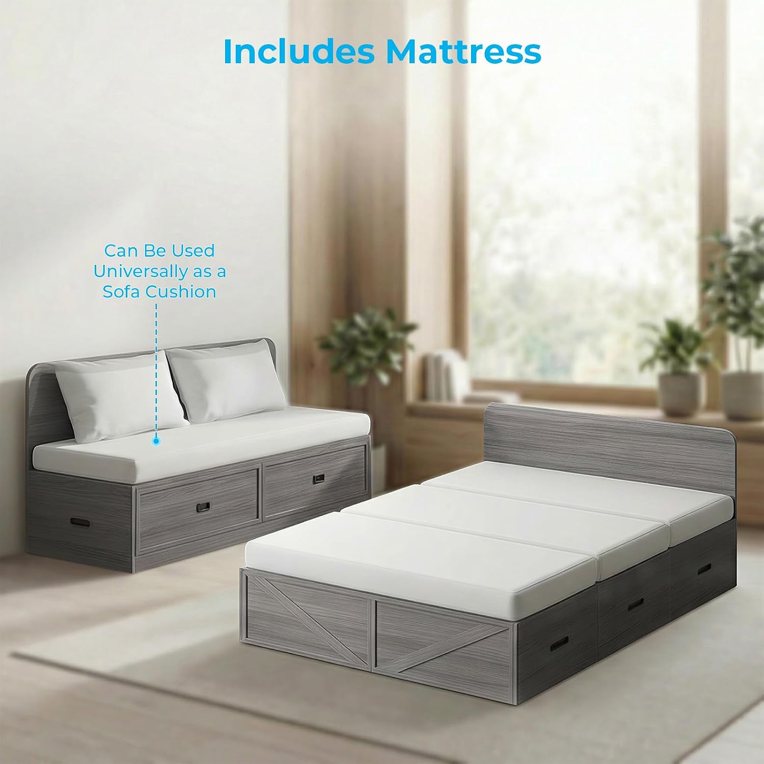 Mjkone Murphy Bed, Cabinet Beds Queen Size with Mattress Included, Drawers, Queen Hidden Murphy Guest Chest Bed, 3-in-1 Convertible Cabinet Sofa Bed, Furniture Sets for Small Room, Apartment - Grey
