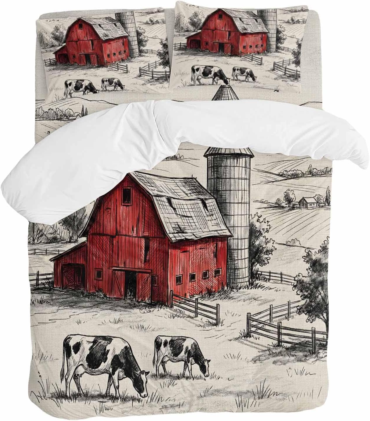 Farmhouse Duvet Cover Set Queen Size 4 Pieces Pastoral Landscape Watercolor Barn Farm Dairy Cow Retro Bedding Set with Zipper Closure, 1 Comforter Cover 92x106 Inches 1 Flat Sheet & 2 Pillow Cases