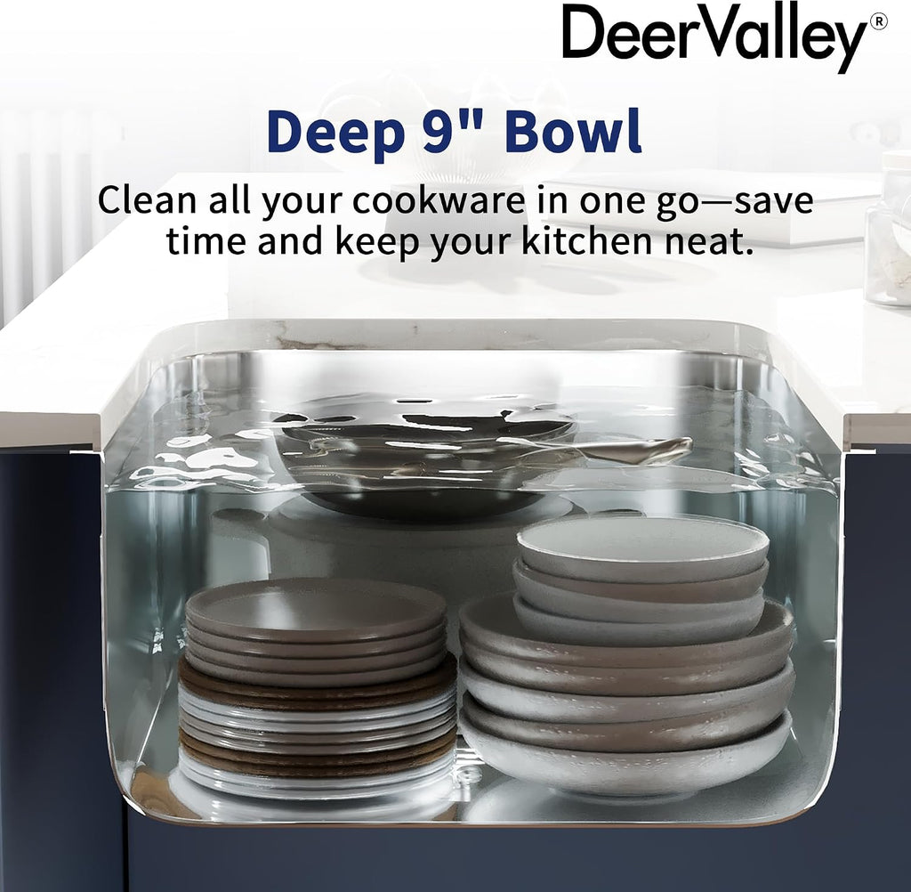 DeerValley 30 Inch Undermount Kitchen Sink 18 Gauge Stainless Steel Kitchen Sink Spacious Single Bowl Sinks with Basket Strainer Curved Shape Round Corner Deep Sinks for Modern Kitchens