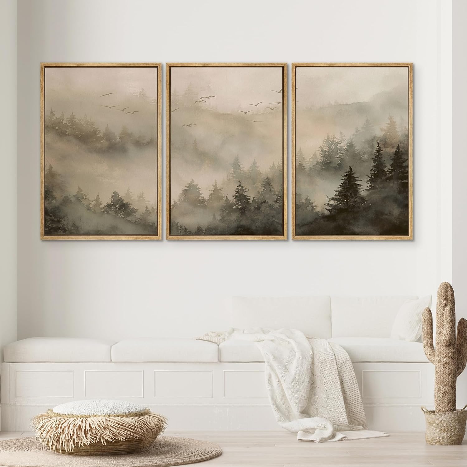 SIGNWIN Framed Canvas Print Wall Art Set Misty Pine Forest Landscape Neutral Woodland Illustrations Modern Scenic Colorful Ultra for Living Room, Bedroom, Office - 24'x36'x3 Natural