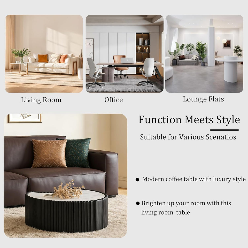 29.53' Black Round Coffee Table, Drum Coffee Table with Sintered Stone Tabletop and Fluted PU Leather Covered and Stable Base, Circle Cocktail Tea Table for Living Room