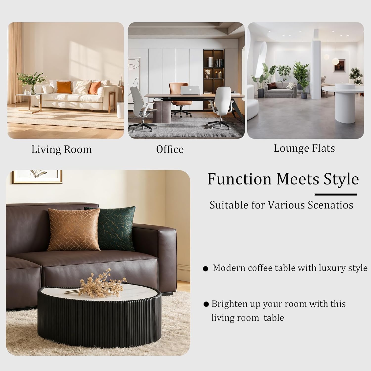 29.53' Black Round Coffee Table, Drum Coffee Table with Sintered Stone Tabletop and Fluted PU Leather Covered and Stable Base, Circle Cocktail Tea Table for Living Room