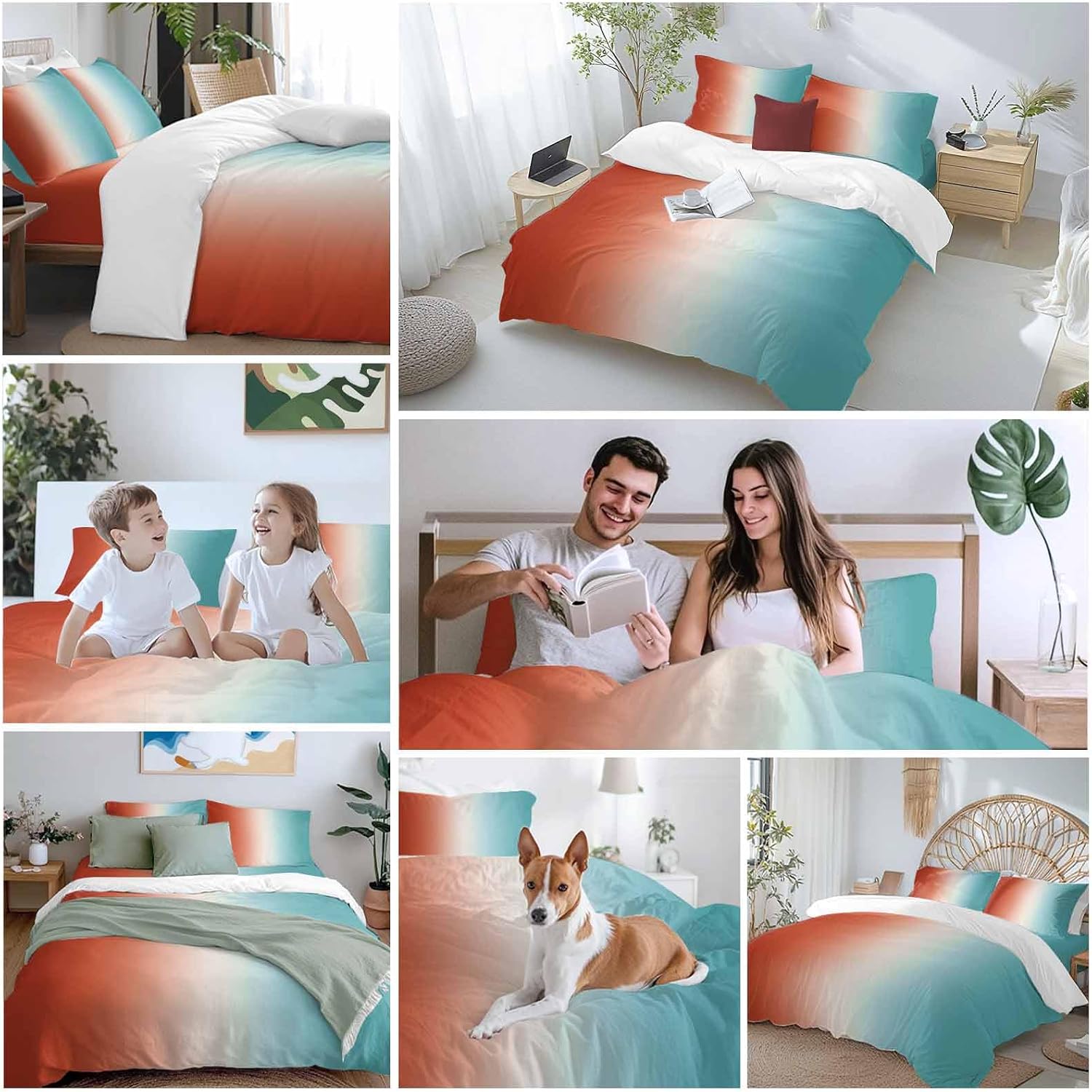 Gradient Orange Blue Duvet Cover Set Queen Size 4 Pieces Modern Abstract Minimalist Orange Ocean Beach Bedding Set with Zipper Closure, 1 Comforter Cover 90x92 Inches 1 Flat Sheet & 2 Pillow Cases