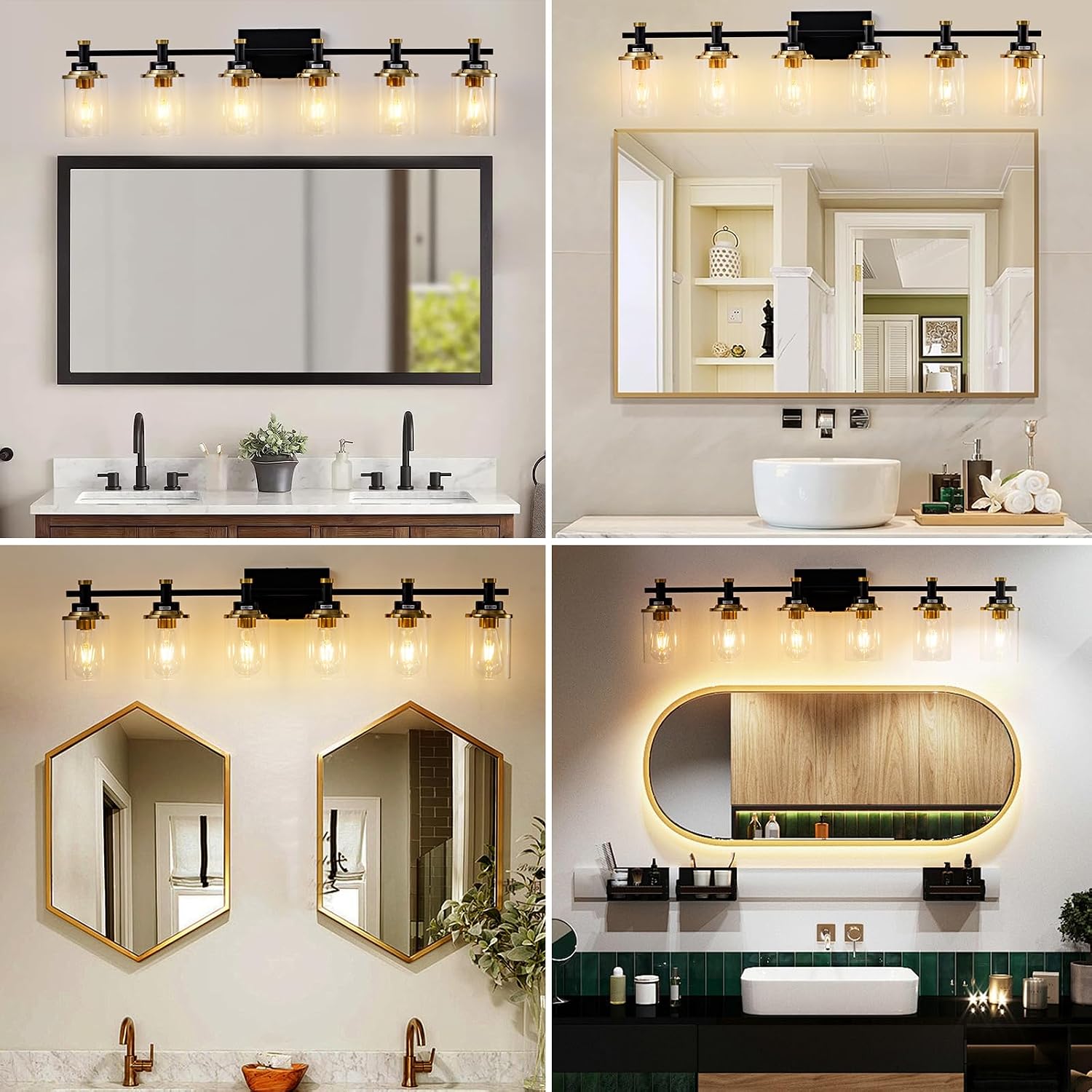 6 Bathroom Vanity Lights, Black and Gold Bathroom Light Fixtures, Sconces Wall Lighting with Clear Glass Shade, Modern Brushed Gold Vanity Lighting Fixtures for Bathroom, Bedroom, Hallway