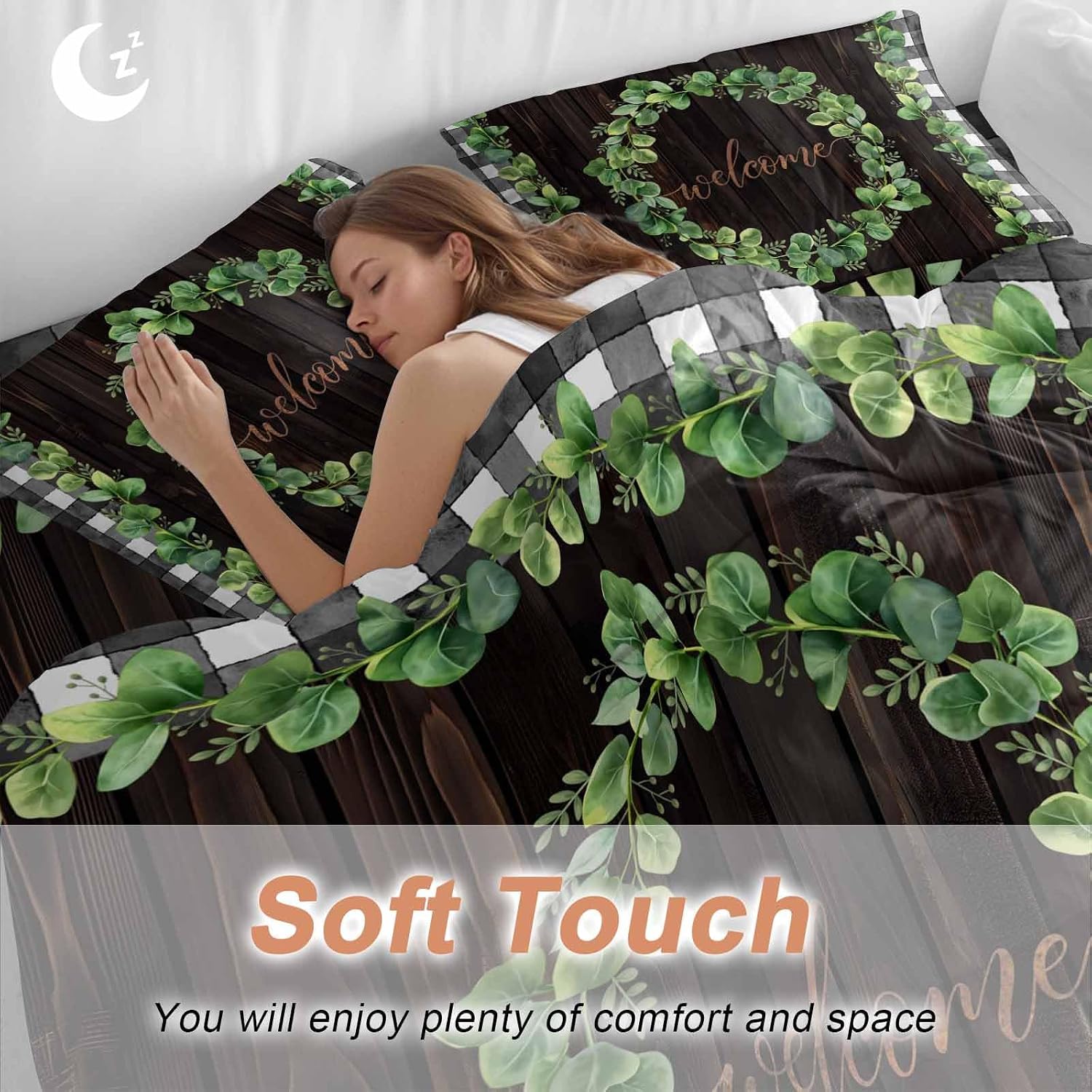 Welcome Duvet Cover Set Queen Size 4 Pieces Spring Eucalyptus Leaf Plaid Farmhouses Brown Wood Bedding Set with Zipper Closure, 1 Comforter Cover 90x92 Inches 1 Flat Sheet & 2 Pillow Cases
