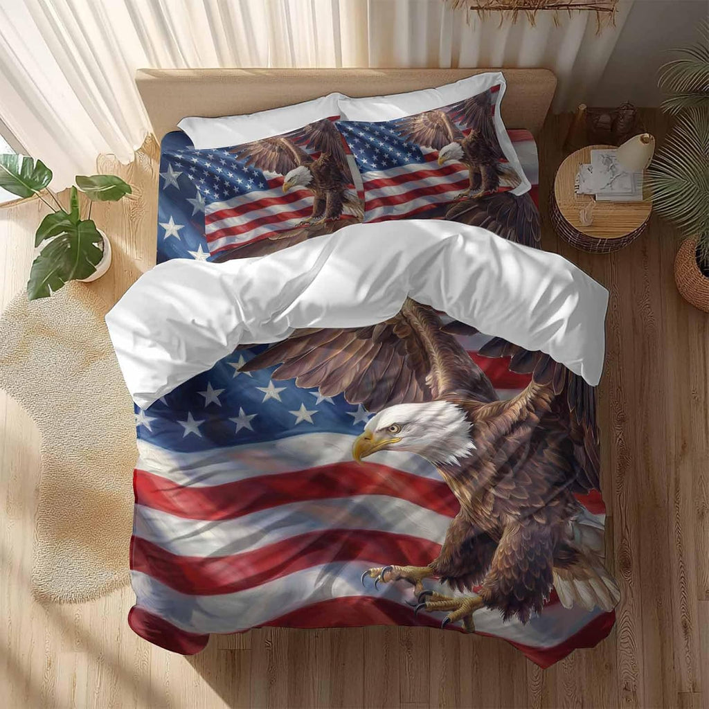 Independence Day Duvet Cover Set Queen Size 4 Pieces Watercolor U. S. Flag Soaring Bald Eagle Bedding Set with Zipper Closure, 1 Comforter Cover 92x106 Inches 1 Flat Sheet & 2 Pillow Cases