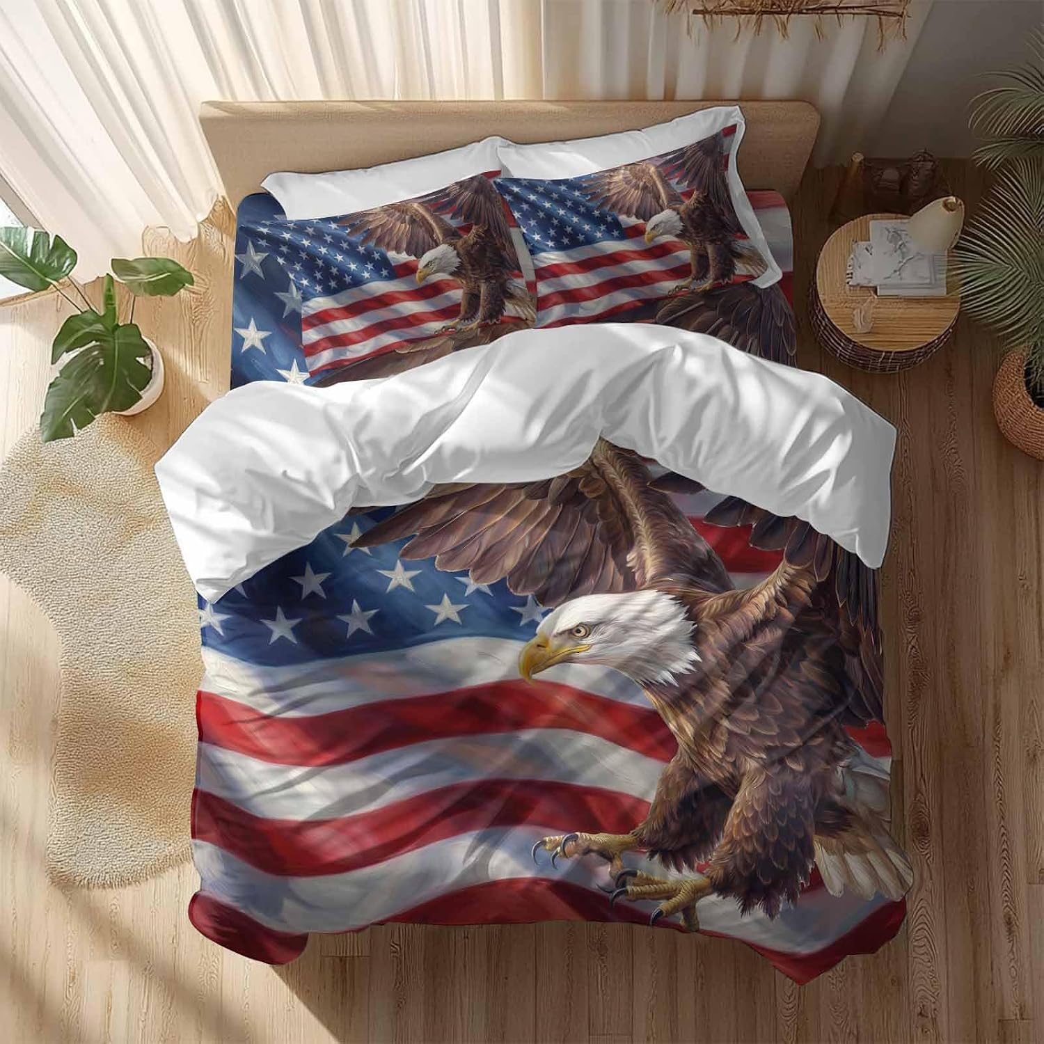 Independence Day Duvet Cover Set Queen Size 4 Pieces Watercolor U. S. Flag Soaring Bald Eagle Bedding Set with Zipper Closure, 1 Comforter Cover 92x106 Inches 1 Flat Sheet & 2 Pillow Cases