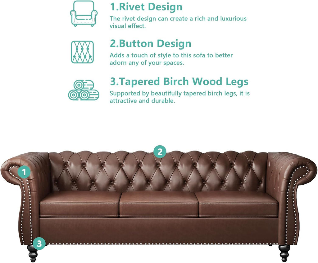 QHITTY Accent Large Sofa, Chesterfield Couch 3 Seater Modern Leather Couch Upholstered Sofa with Tufted Back for Living Room Furniture (Dark Brown)