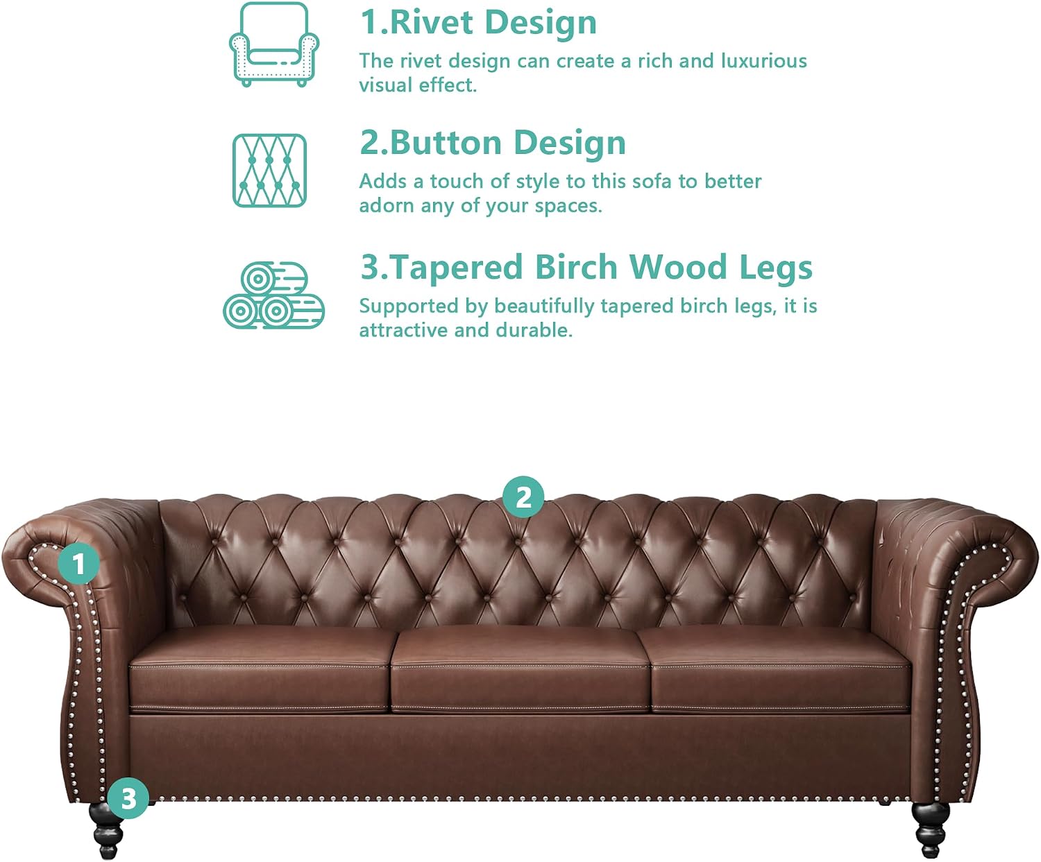 QHITTY Accent Large Sofa, Chesterfield Couch 3 Seater Modern Leather Couch Upholstered Sofa with Tufted Back for Living Room Furniture (Dark Brown)