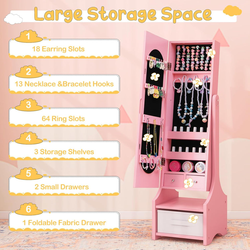 Costzon Kids Vanity & Jewelry Armoire Cabinet, Kids Vanity Table and Chair Set, Makeup Dressing Table, Standing Jewelry Organizer with Full-Length Mirror, Kids Bedroom Furniture Set for Girls (Pink)