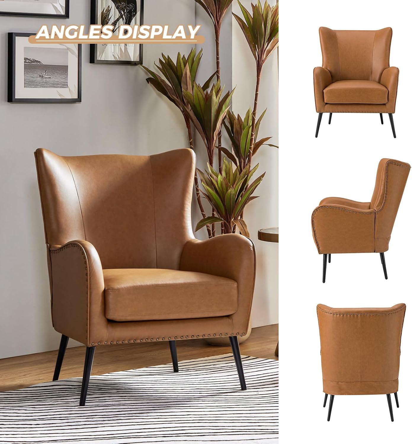 HULALA HOME Faux Leather Accent Chair with Removable Cushion, Comfy Upholstered Armchair with Black Metal Legs & Nailhead Trim Wingback Vanity Chair for Reading Living Room Bedroom, Camel