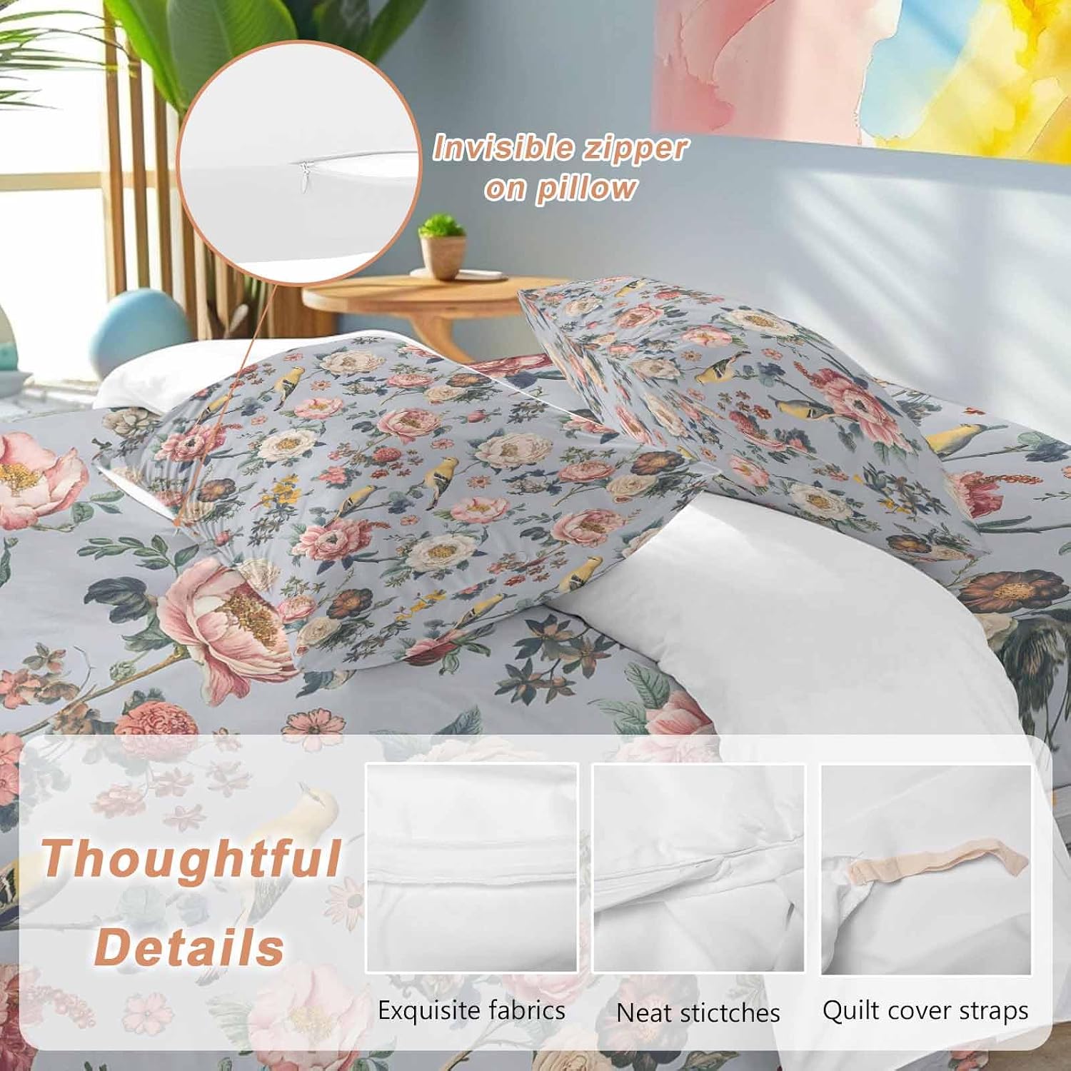 White Pink Flowers Duvet Cover Set Queen Size 4 Pieces Ethnic Retro White Floral Birds Light Purple Bedding Set with Zipper Closure, 1 Comforter Cover 92x106 Inches 1 Flat Sheet & 2 Pillow Cases