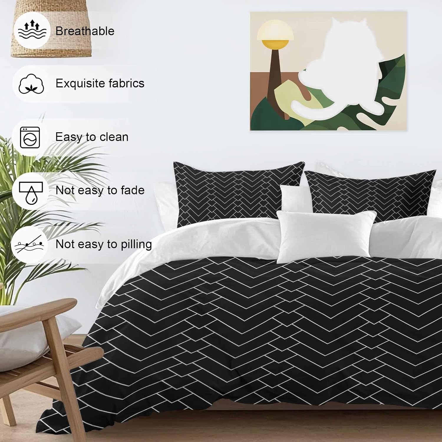 Prime Leader Abstract Line Duvet Cover Set Queen Size 4 Pieces Herringbone Black White Modern Simple Bedding Set with Zipper Closure, 1 Comforter Cover 92x106 Inches 1 Flat Sheet & 2 Pillow Cases