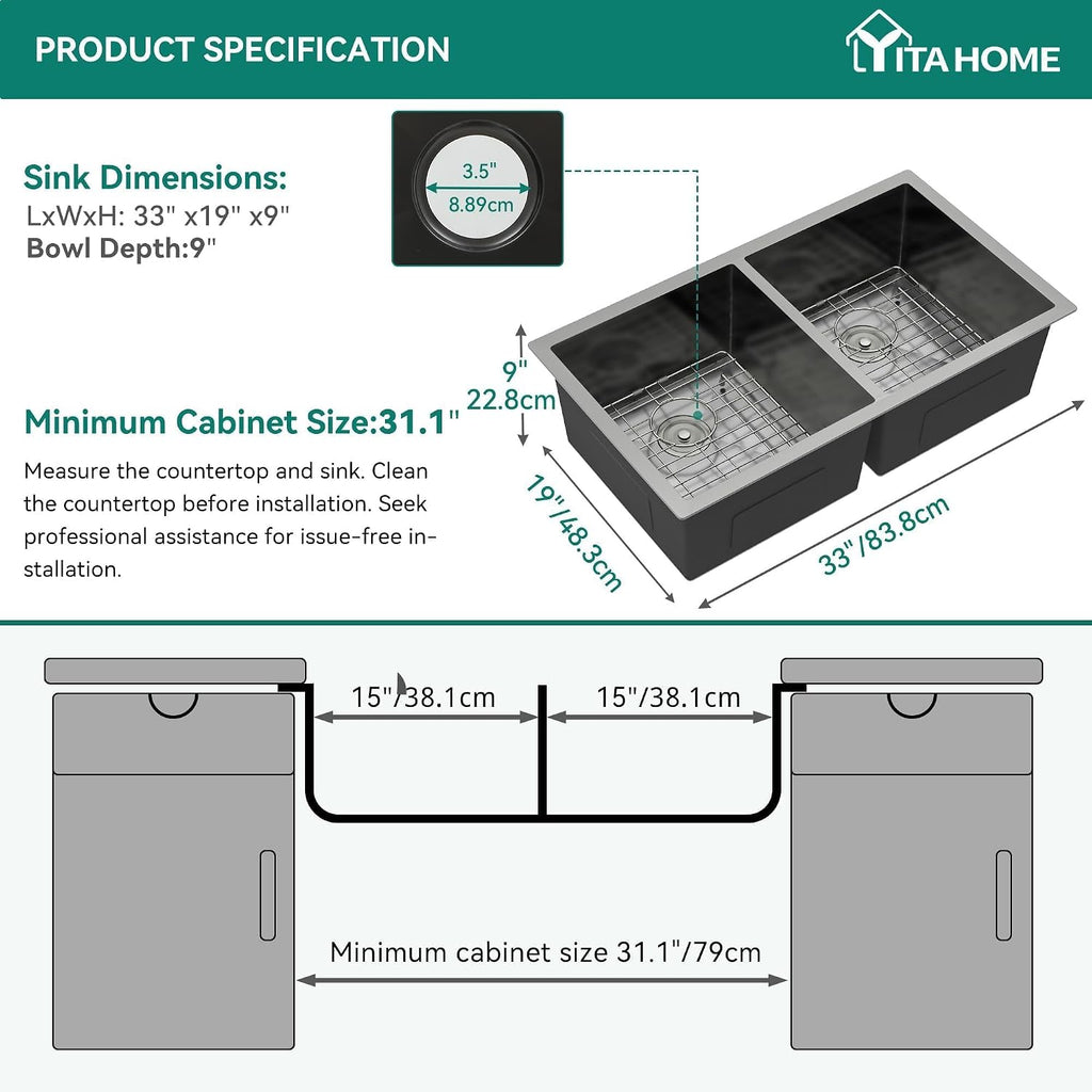 YITAHOME Black Kitchen Sink 33in Undermount 50/50 Double Bowl 16 Gauge Stainless Steel Nano Gunmetal Black Bar Sink with Accessories for Workstation, Prep Kitchen, 33 x 19 x 10in