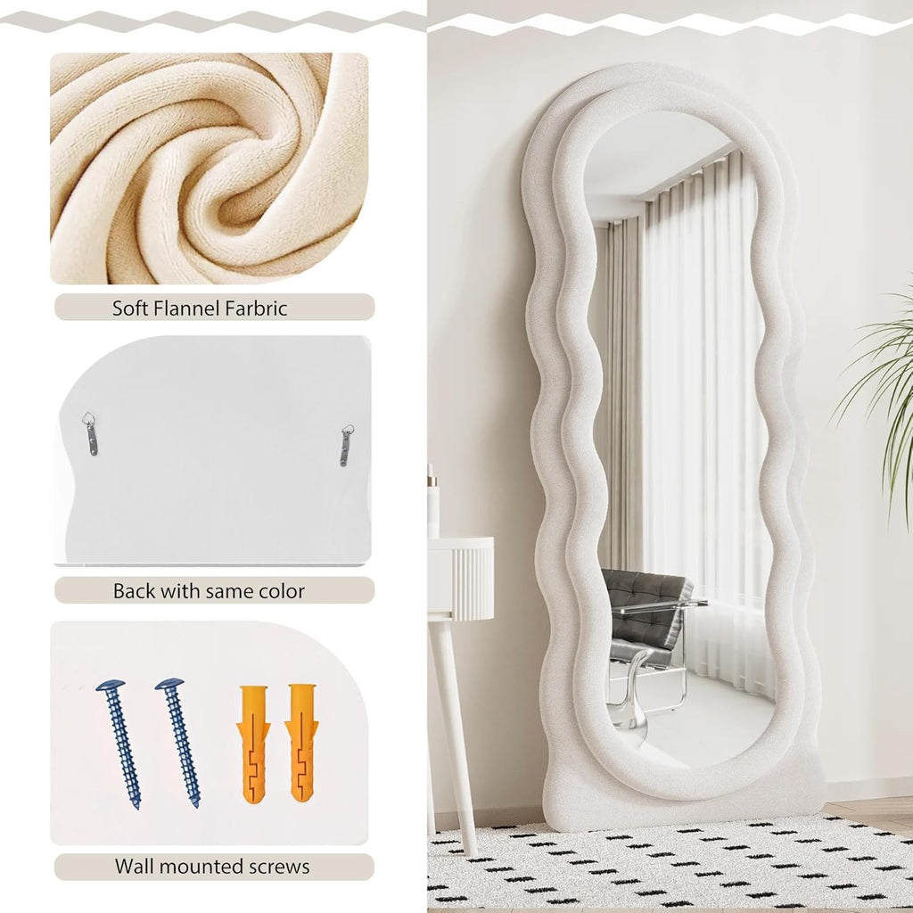 Dewfig Full Length Mirror, 63' x 24'Irregular Wavy Mirror, Large Floor Length Mirrors Wall Mounted, Standing Wavy Mirrors with Flannel Wrapped Wooden Frame for Bedroom/Living Room, White
