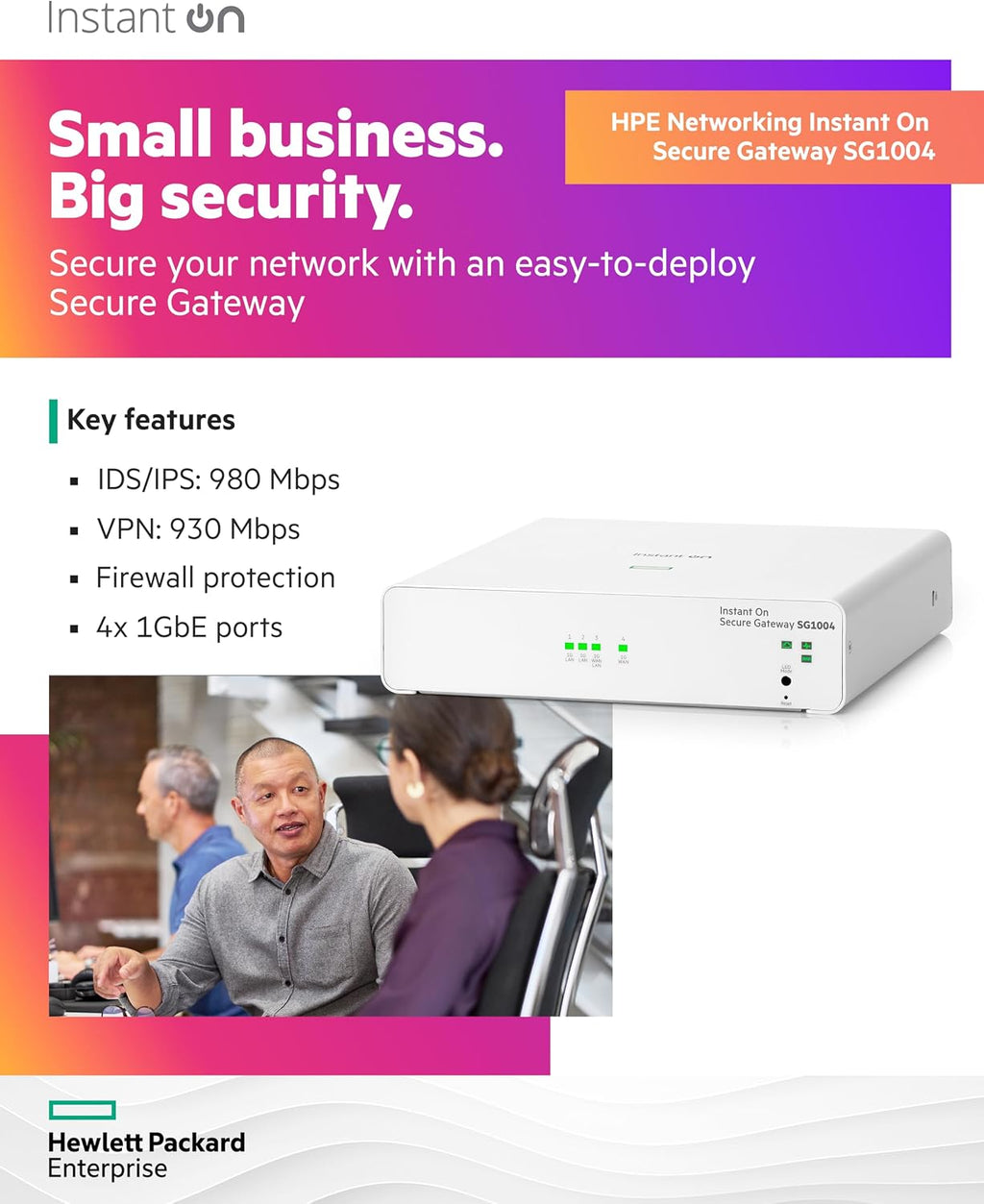 HPE Networking Instant On Secure Gateway SG1004 4-Port 1G Smart-Managed Gateway, 4X 1GBase-T, US Cord (S0G33A#ABA)