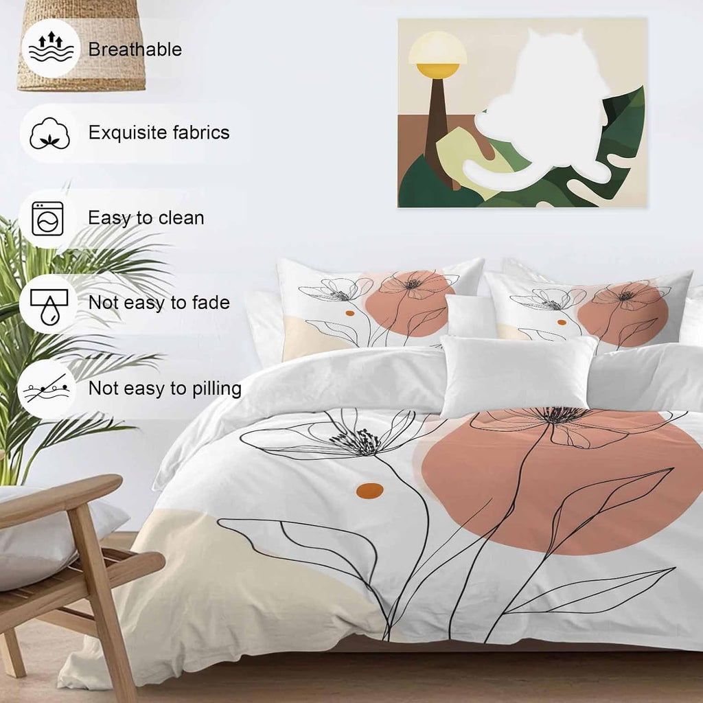 Prime Leader Floral Line Duvet Cover Set Queen Size 4 Pieces Minimalist Flower Modern Bedding Set with Zipper Closure, 1 Comforter Cover 92x106 Inches 1 Flat Sheet & 2 Pillow Cases