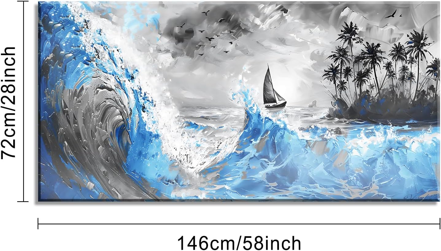 Piy Painting Blue Waves and Sailboat On Black and White Background Wall Art Decor Artwork for Living Room (30x60 Inches)