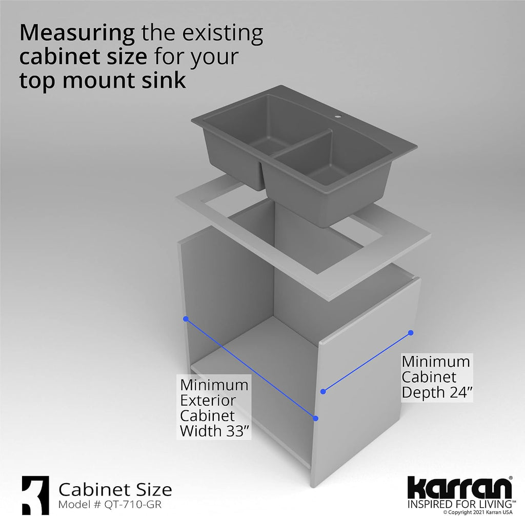 Karran QT-710 33 Inch Top Mount Double Bowl Kitchen Sink, 50/50 Low Divide Quartz Composite Drop-In Sink, Rear Drain, Heat and Scratch Resistant, Grey