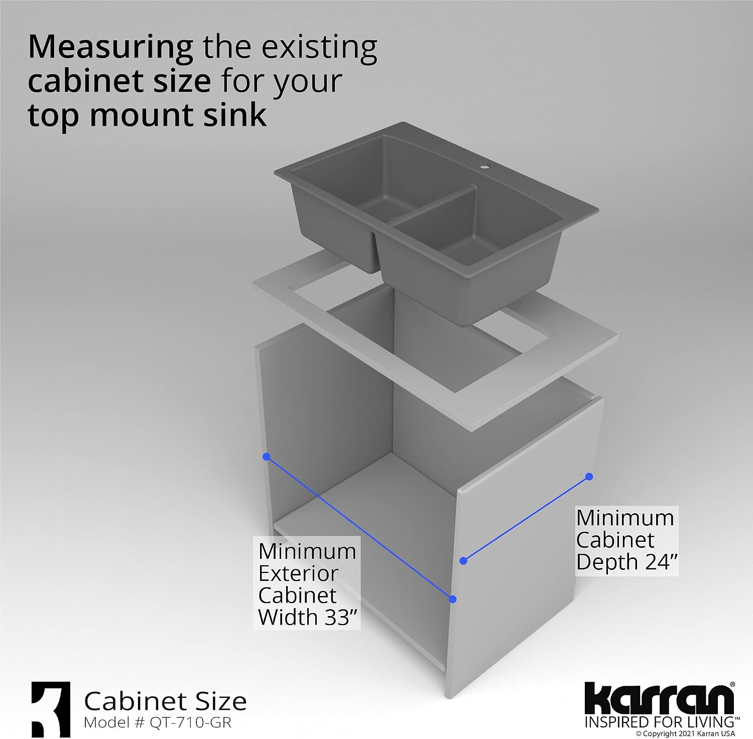 Karran QT-710 33 Inch Top Mount Double Bowl Kitchen Sink, 50/50 Low Divide Quartz Composite Drop-In Sink, Rear Drain, Heat and Scratch Resistant, Grey