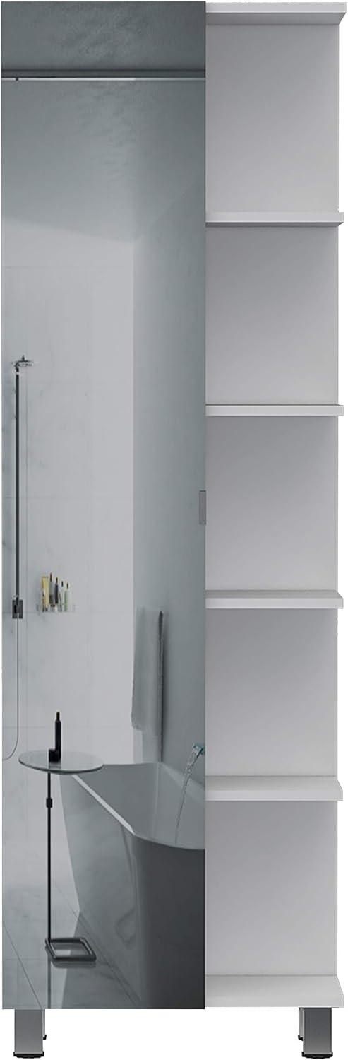 FM FURNITURE Los Angeles Mirror Linen Cabinet with 5 Open Shelves and 4 Inner Shelves, White