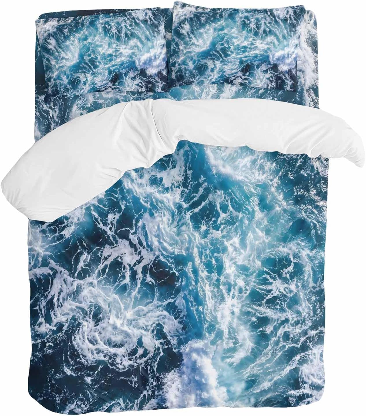 Dark Blue Ocean Scenery Duvet Cover Set Queen Size 4 Pieces Ombre Sea Waves Natural Modern Art Bedding Set with Zipper Closure, 1 Comforter Cover 92x106 Inches 1 Flat Sheet & 2 Pillow Cases