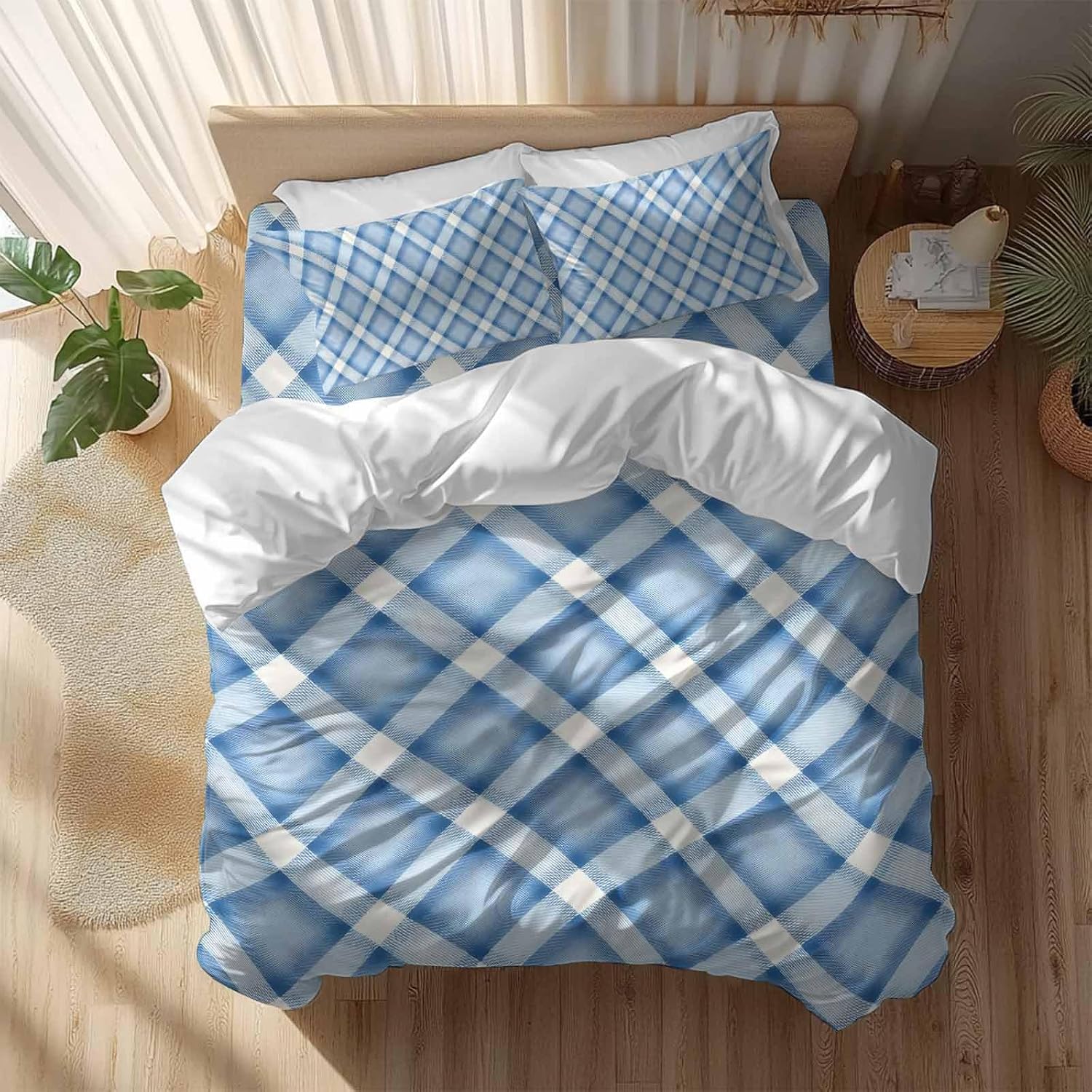 Blue Checkered Duvet Cover Set Queen Size 4 Pieces Modern Minimalist Watercolor Country Farm Bedding Set with Zipper Closure, 1 Comforter Cover 92x106 Inches 1 Flat Sheet & 2 Pillow Cases