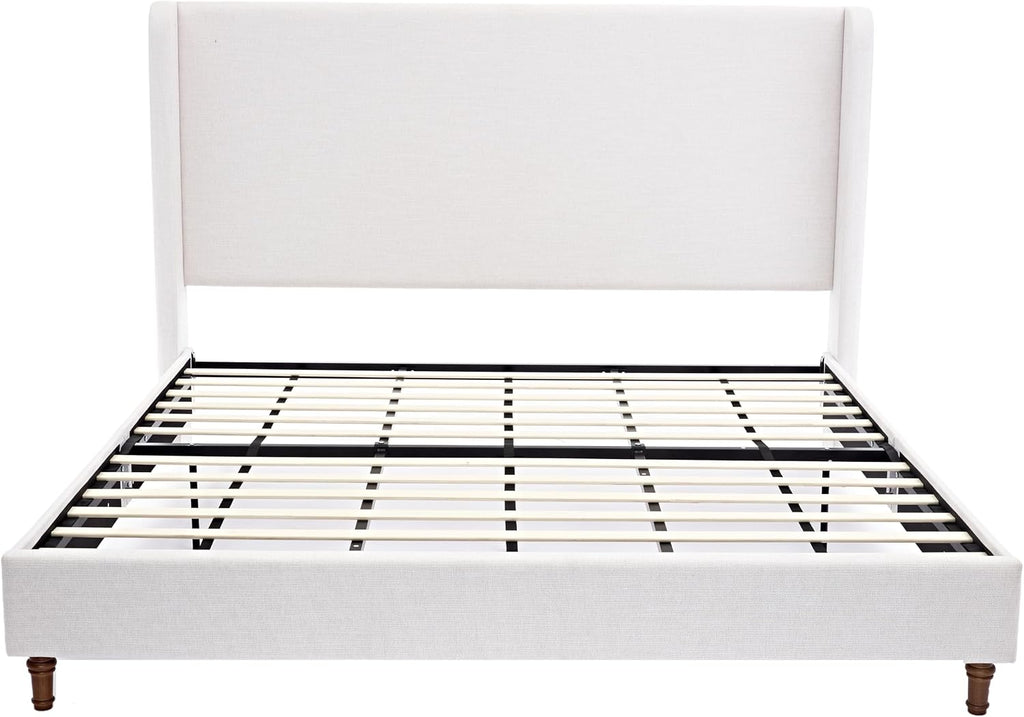 King Bed Frame with 54' High Headboard, Canvas Upholstered Platform Bed, Wingback Headboard, Solid Walnut Legs, Load Capacity 1000lbs, Simple Elegance.Ivory