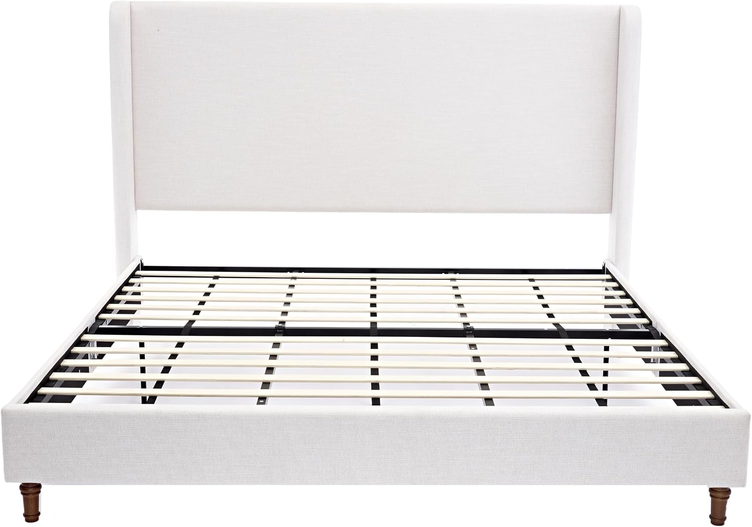 King Bed Frame with 54' High Headboard, Canvas Upholstered Platform Bed, Wingback Headboard, Solid Walnut Legs, Load Capacity 1000lbs, Simple Elegance.Ivory