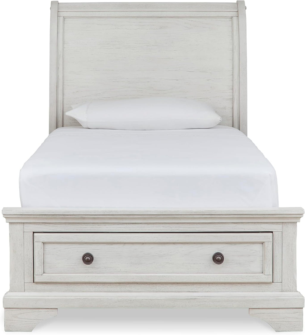 Signature Design by Ashley Robbinsdale Casual Twin Sleigh Storage Platform Bed with 1 Drawer, Foundation or Box Spring Not Needed, White