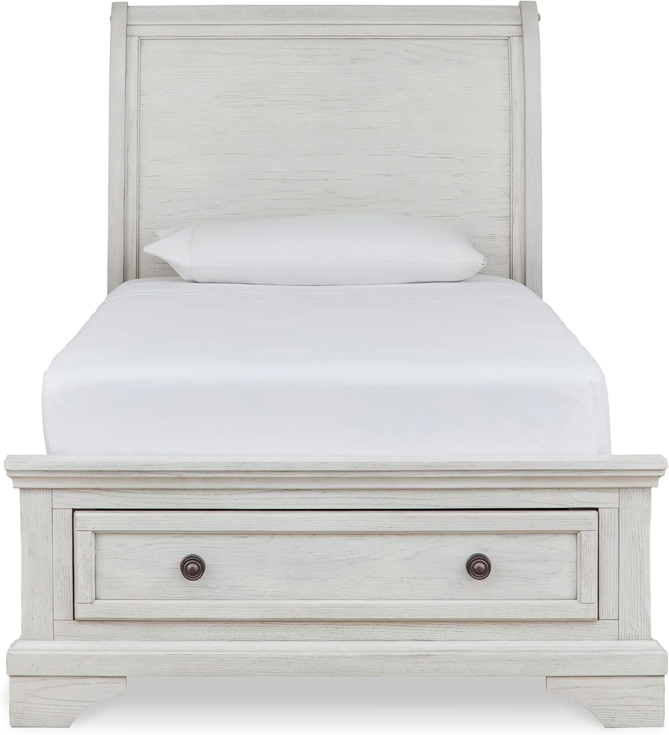 Signature Design by Ashley Robbinsdale Casual Twin Sleigh Storage Platform Bed with 1 Drawer, Foundation or Box Spring Not Needed, White