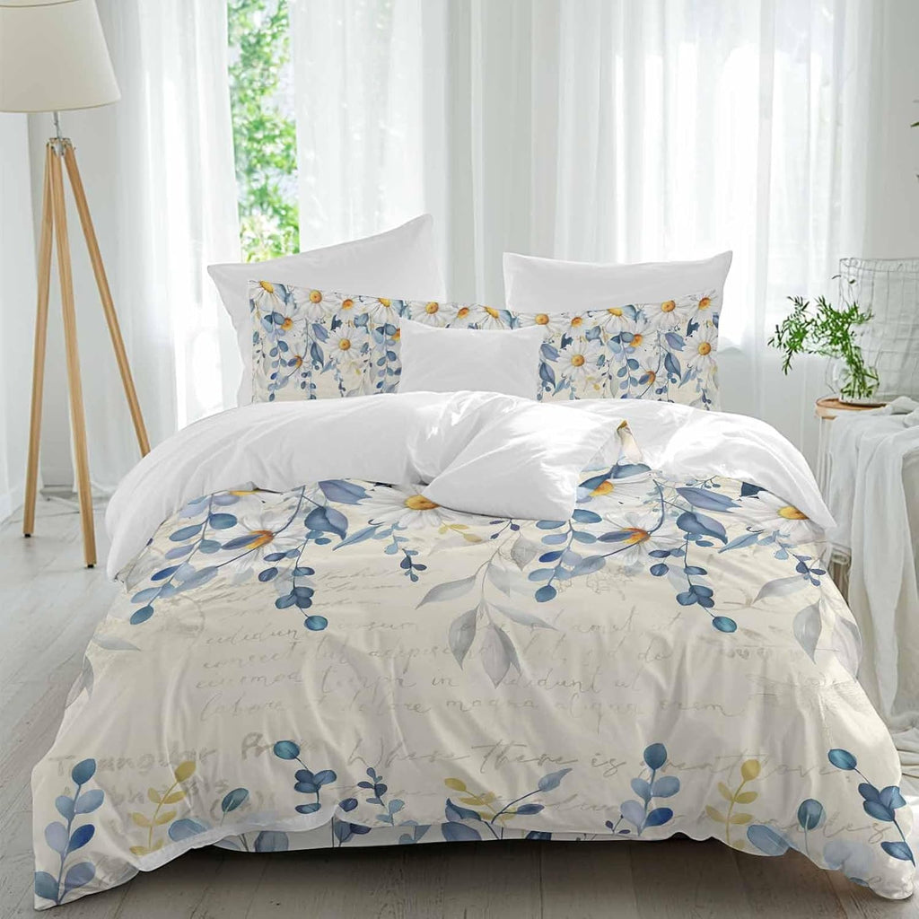 Spring Eucalyptus Leaves Duvet Cover Set Queen Size 4 Pieces Country Vintage Blue Leaf White Daisy Bedding Set with Zipper Closure, 1 Comforter Cover 92x106 Inches 1 Flat Sheet & 2 Pillow Cases