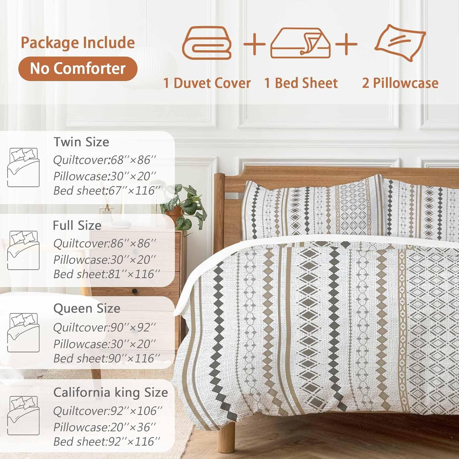 Bohemia Geometric Duvet Cover Set Queen Size 4 Pieces Brown Stripes Diamond Ethnic Linen Texture Bedding Set with Zipper Closure, 1 Comforter Cover 92x106 Inches 1 Flat Sheet & 2 Pillow Cases
