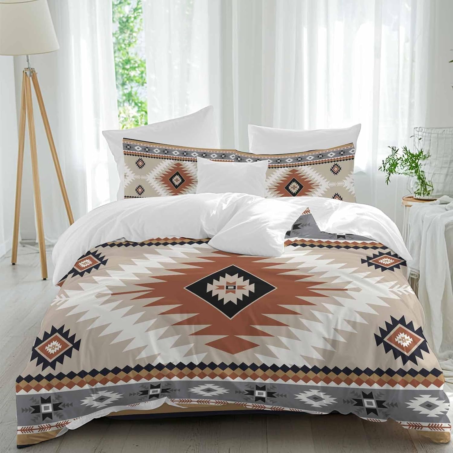 Aztec Southwestern Duvet Cover Set Queen Size 4 Pieces Ethnic Tribal Style Geometric Orange Khaki Bedding Set with Zipper Closure, 1 Comforter Cover 92x106 Inches 1 Flat Sheet & 2 Pillow Cases