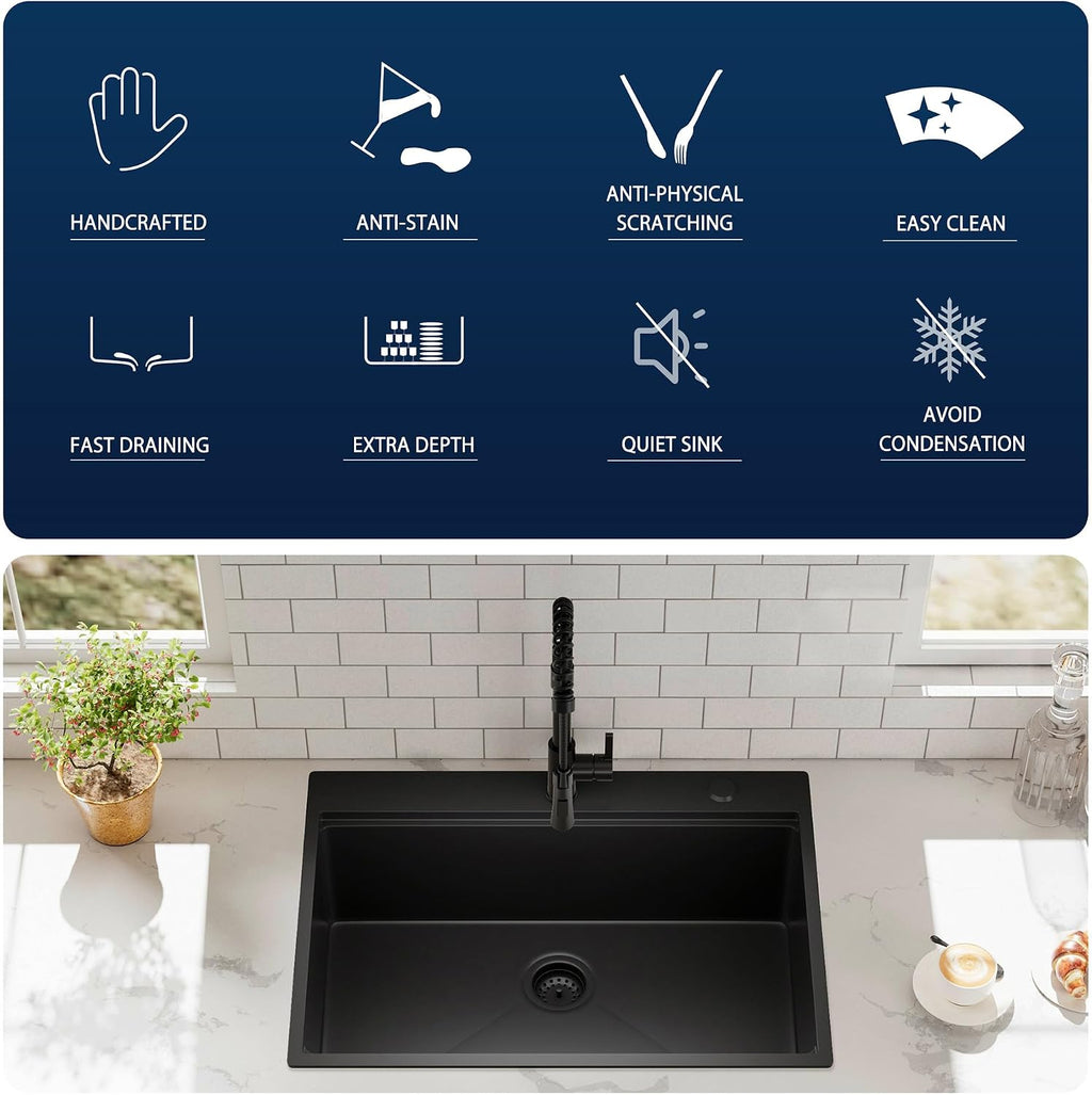 30 inch Dark Black Drop In Workstation kitchen Sink with Pull Out Faucet, Handmade Topmount Single Bowl 18 Gauge PVD-Nano Scratch-Resistant Stainless Steel Kitchen Sink with Accessories