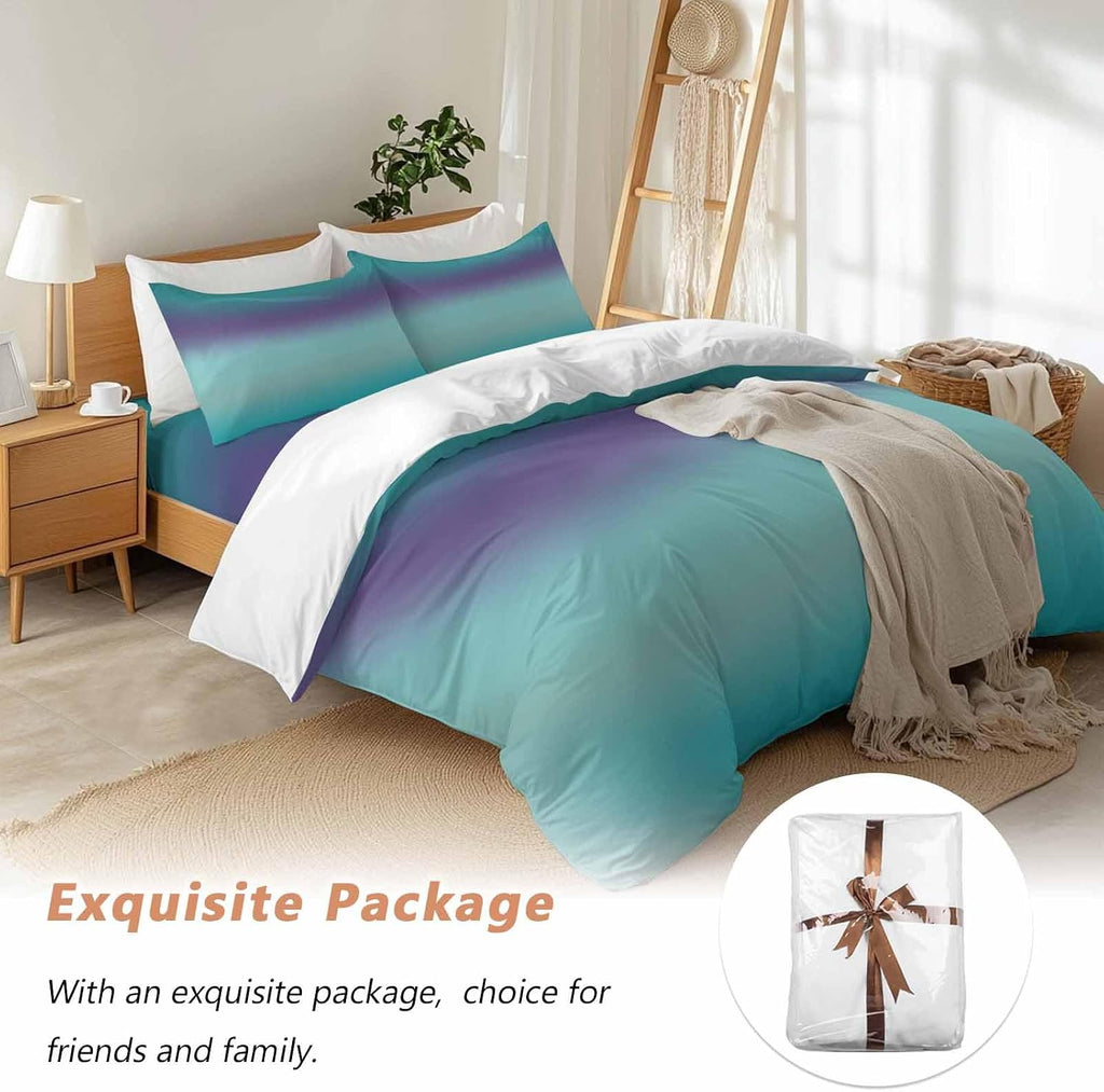 Gradient Green Duvet Cover Set Queen Size 4 Pieces Modern Minimalist Green Purple Ocean Beach Bedding Set with Zipper Closure, 1 Comforter Cover 90x92 Inches 1 Flat Sheet & 2 Pillow Cases