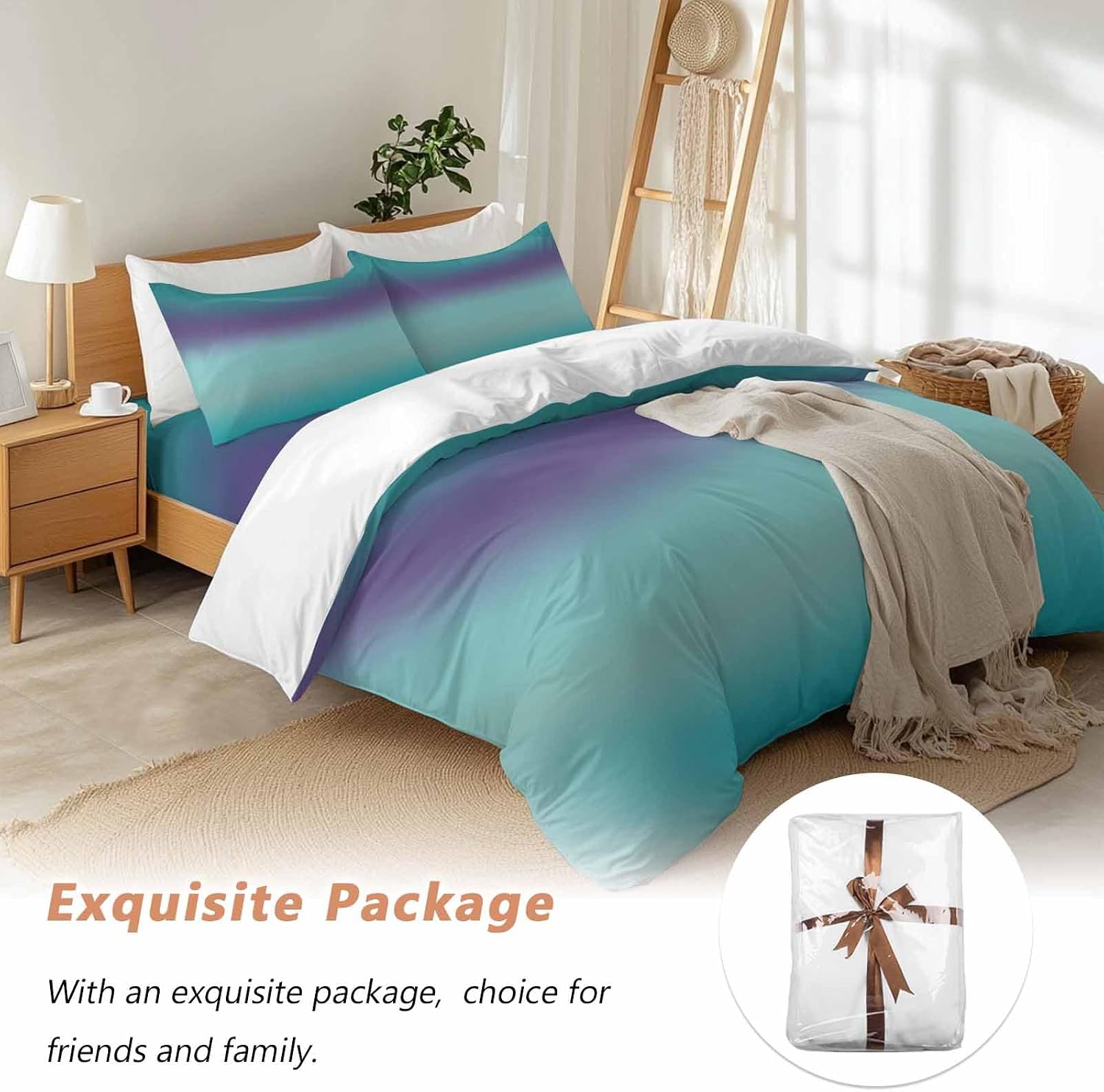 Gradient Green Duvet Cover Set Queen Size 4 Pieces Modern Minimalist Green Purple Ocean Beach Bedding Set with Zipper Closure, 1 Comforter Cover 90x92 Inches 1 Flat Sheet & 2 Pillow Cases