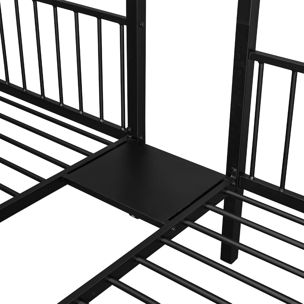 Full Over Twin & Twin Bunk Bed, Heavy Duty Metal Triple Bunk Bed with Drawers and Guardrails, Can be Divided into 3 Separate Beds, Triple Bunk Bed Frame for Kids Teens Aldults (Black + Metal)