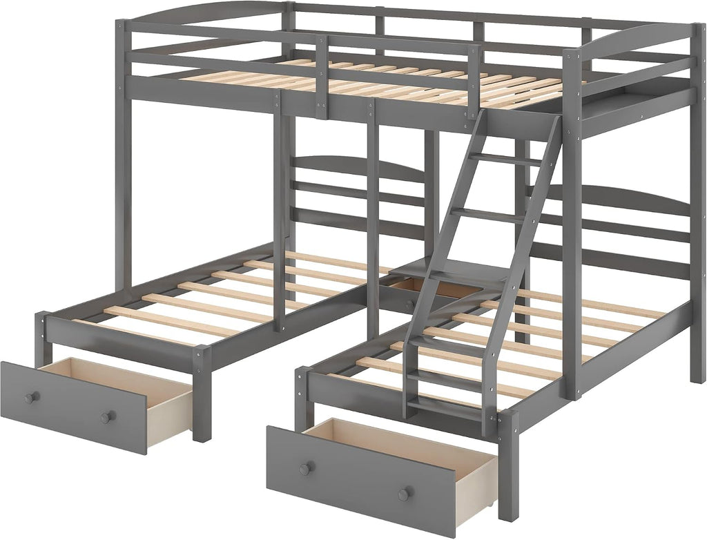 Wood Triple Bed Bunk Bed with 2 Storage Drawers, 3-in 1 Full Over Twin & Twin Bunk Bed Frame with Built-in Middle Drawer, Guardrail Ladder for Kids Teens Adults, Maximized Space Design (Grey-full)