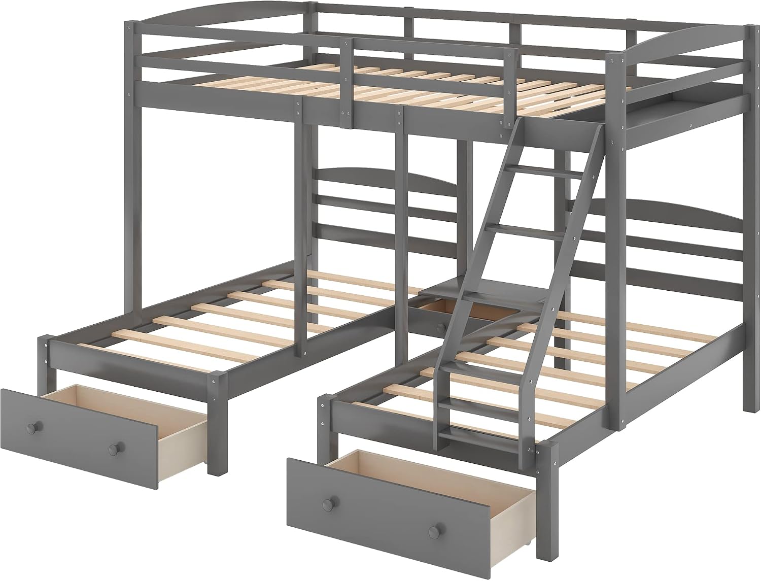 Wood Triple Bed Bunk Bed with 2 Storage Drawers, 3-in 1 Full Over Twin & Twin Bunk Bed Frame with Built-in Middle Drawer, Guardrail Ladder for Kids Teens Adults, Maximized Space Design (Grey-full)