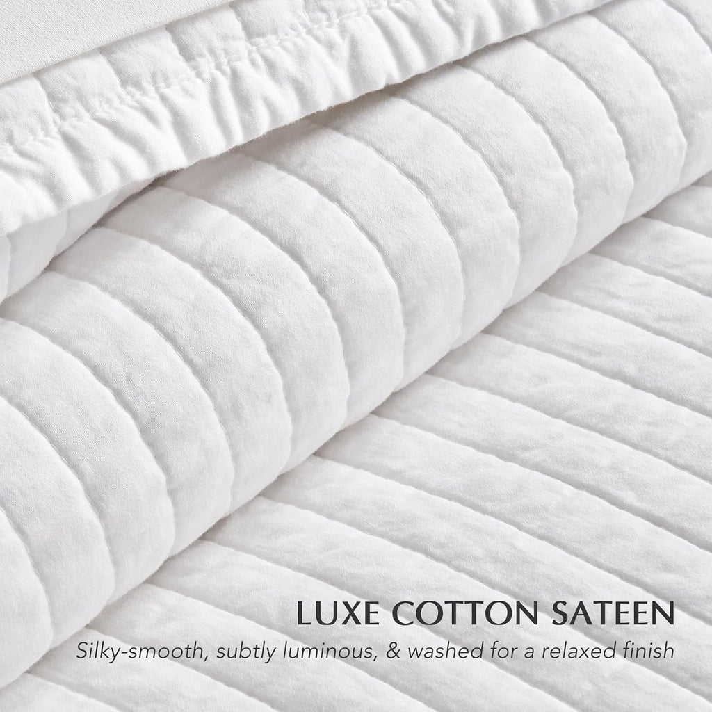EVERGRACEHOME Cotton Sateen Quilt Set King Size, Pre-Washed Cotton Channel Stitch Coverlet Bedspread, 3 Pieces Lightweight Soft Bedding Sets for All Season, with 2 Pillow Shams, Bright White