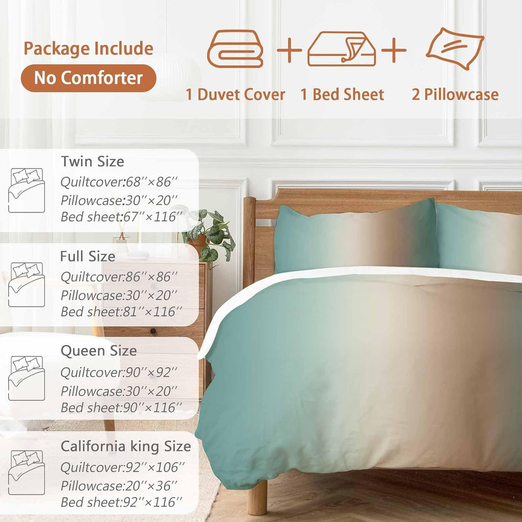 Gradient Green Duvet Cover Set Queen Size 4 Pieces Modern Minimalist Brown Green Ocean Beach Bedding Set with Zipper Closure, 1 Comforter Cover 92x106 Inches 1 Flat Sheet & 2 Pillow Cases