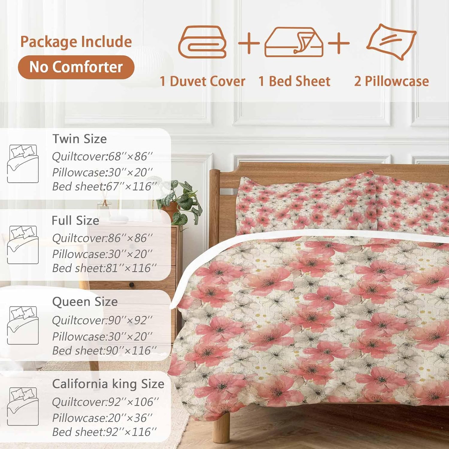 Spring Florals Duvet Cover Set Queen Size 4 Pieces Red White Floral Vintage Water Ink Painting Bedding Set with Zipper Closure, 1 Comforter Cover 92x106 Inches 1 Flat Sheet & 2 Pillow Cases