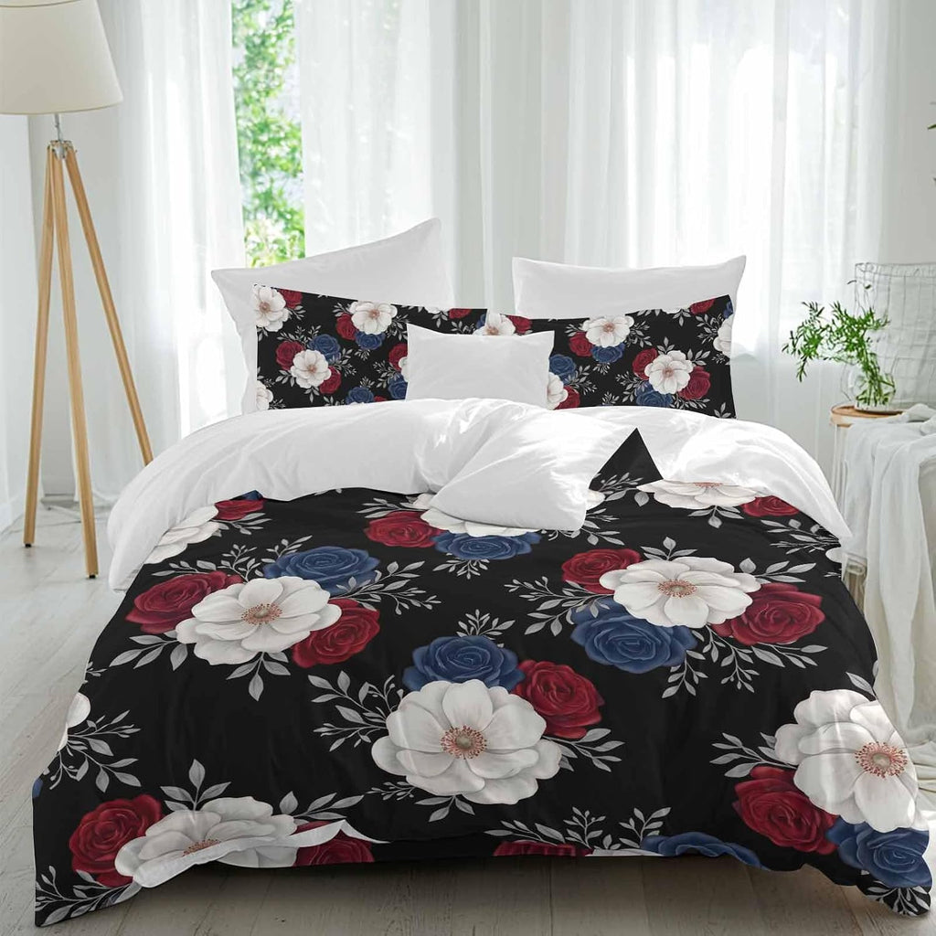 Prime Leader Independence Day Duvet Cover Set Queen Size 4 Pieces Red Blue White Roses Floral Leaf Black Bedding Set with Zipper Closure, 1 Comforter Cover 92x106 Inches 1 Flat Sheet & 2 Pillow Cases