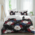 Prime Leader Independence Day Duvet Cover Set Queen Size 4 Pieces Red Blue White Roses Floral Leaf Black Bedding Set with Zipper Closure, 1 Comforter Cover 92x106 Inches 1 Flat Sheet & 2 Pillow Cases