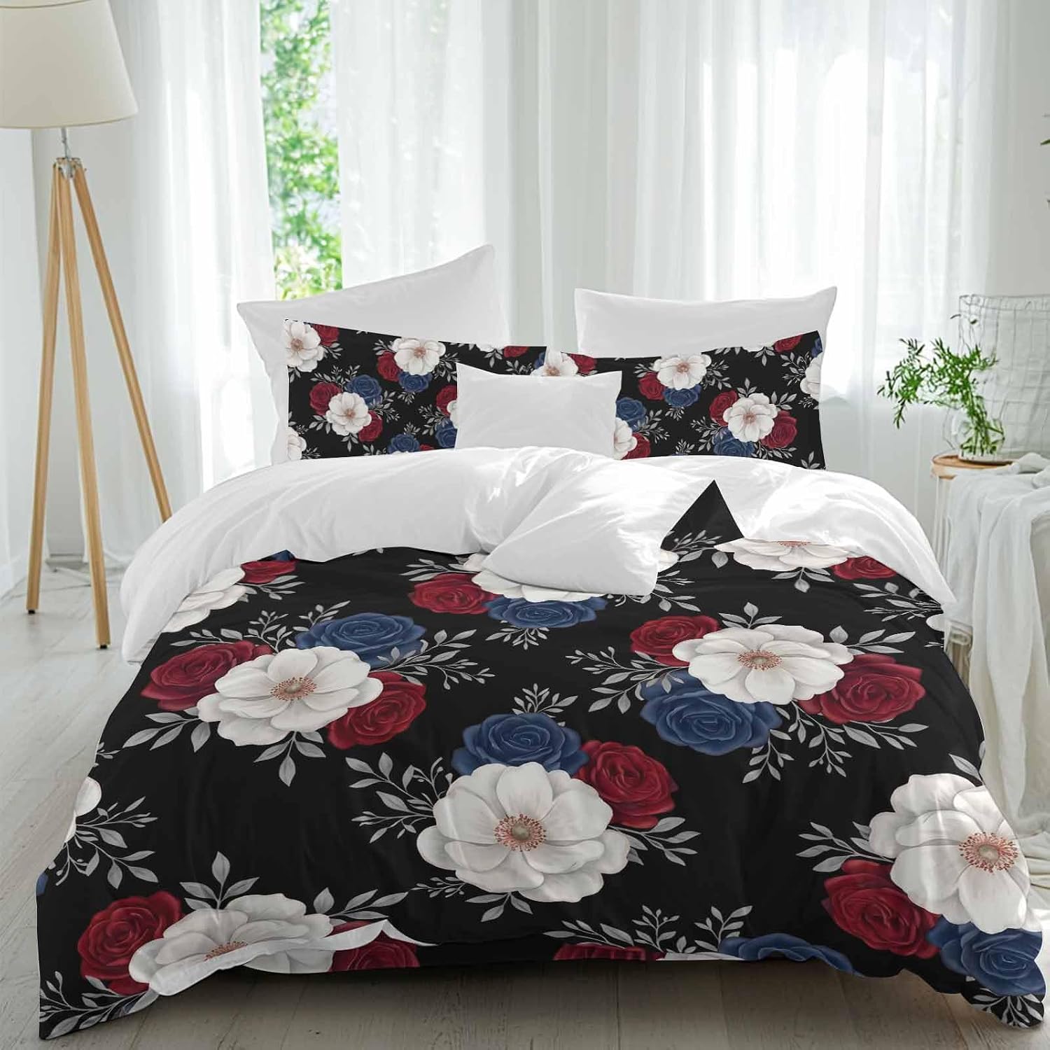 Prime Leader Independence Day Duvet Cover Set Queen Size 4 Pieces Red Blue White Roses Floral Leaf Black Bedding Set with Zipper Closure, 1 Comforter Cover 92x106 Inches 1 Flat Sheet & 2 Pillow Cases