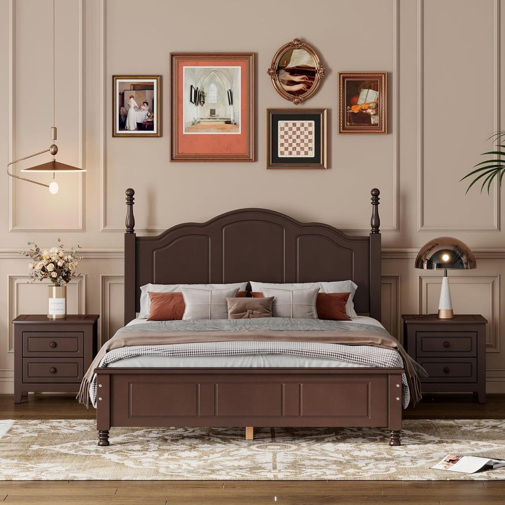 Bedroom Set of Furniture, Wooden Platform Bed and Two Bedside Tables, for Family Use(Dark Walnut(Full))
